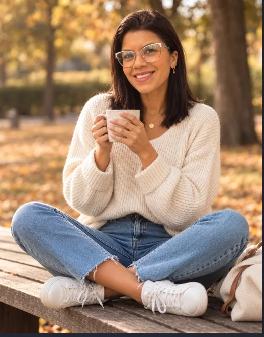 Ana sentada ao ar livre com uma xícara