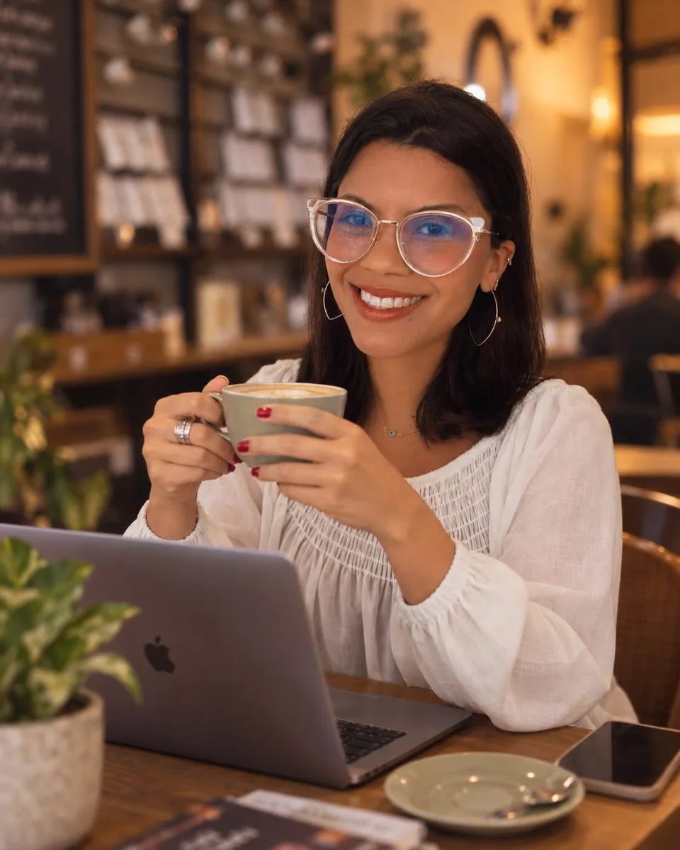 Ana Cerqueira sorrindo com uma xícara de café em frente ao computador