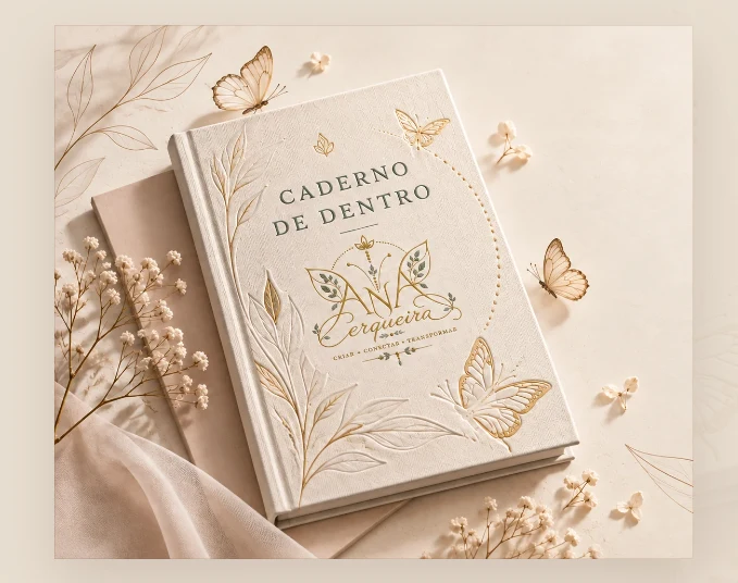 Caderno de Dentro, de Ana Cerqueira, em uma composição com flores e borboletas