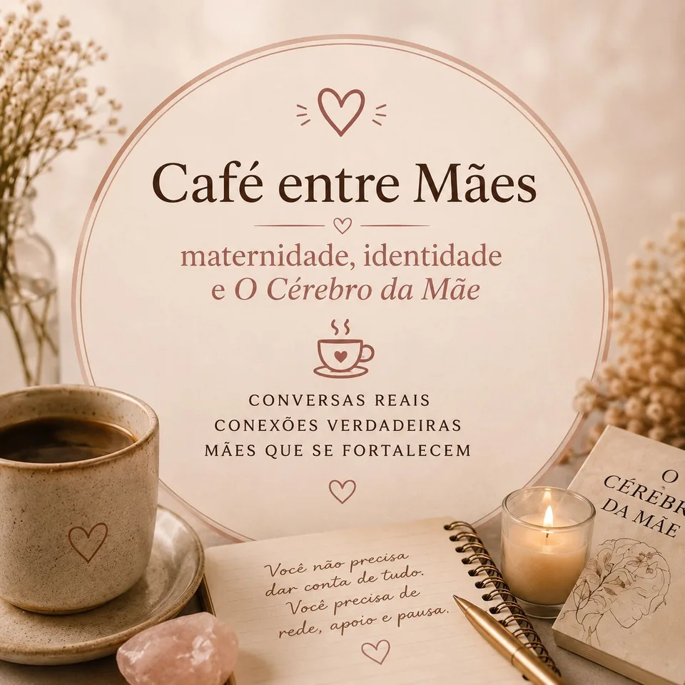 Material de apresentação do Café Entre Mães, sobre maternidade, identidade e O Cérebro da Mãe