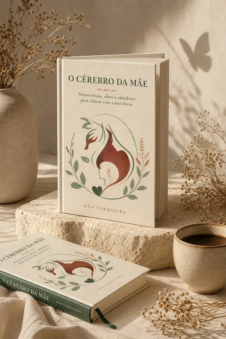 Mockup do livro O Cérebro da Mãe, de Ana Cerqueira, ao lado de outro exemplar e uma xícara de café